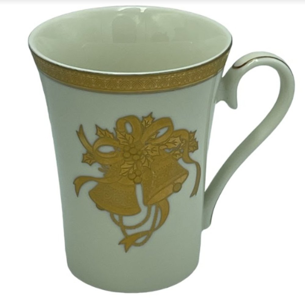 Vintage Mikasa Happy Bells Holiday Mugs Ivory Gold Christmas Cups Seasonal Decor